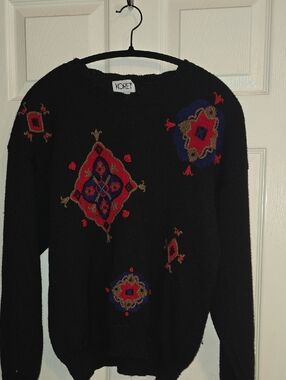 Koret Black Crewneck Sweater with Red, Blue & Gold Embroidery Accents